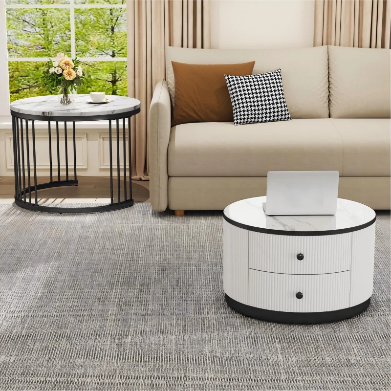 High Gloss Nesting Coffee Table with Marble Pattern Top, Storage Drawers, Modern Round Side Tables for Living Room, White+Black