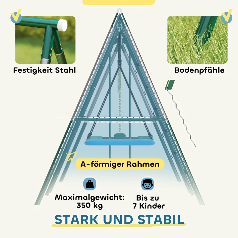 AIYAPLAY 5-in-1 Schaukelgestell mit verstellbarer Nestschaukel Turnringe Doppelsitzer Klettergerüst für 3-8 Jahre 440x175x203 cm