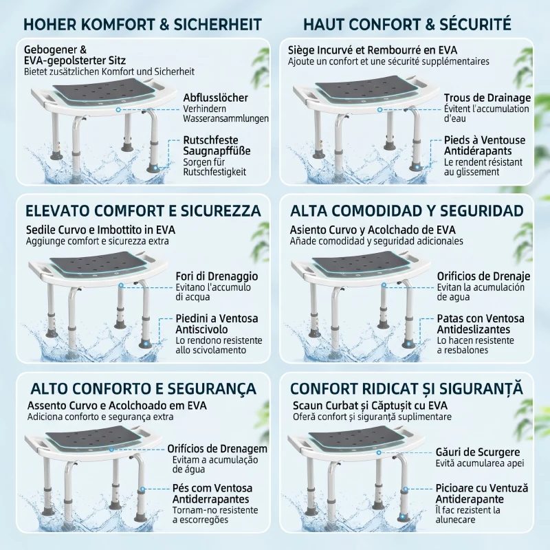 HOMCOM Scaun de Duș din Aluminiu și Plastic Antialunecare, Înălțime Reglabilă 6 Niveluri 39-52cm, Gri