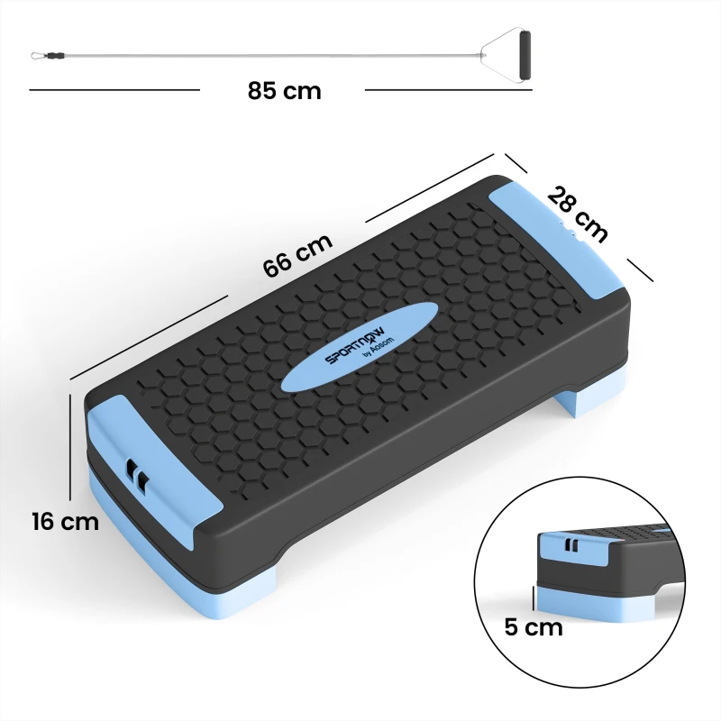 SPORTNOW Placă de step reglabilă pe înălțime Fitness Aerobic Stepper cu 2 trepte (11/16 cm) 2 benzi de rezistență, covoraș anti-alunecare Albastru