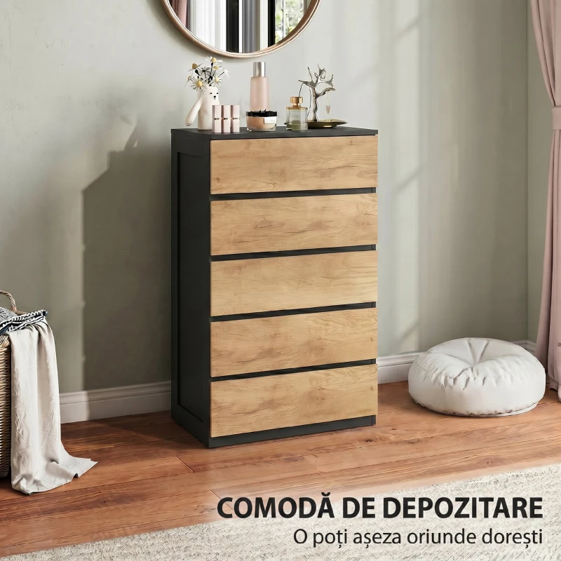 HOMCOM Comodă cu 5 Sertare din Lemn, cu Șine Metalice și Mânere Decupate, 60x39x100 cm