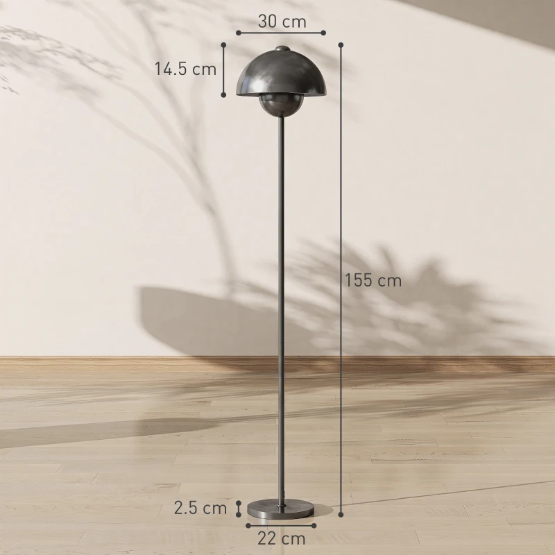 HOMCOM Lampă de podea, abajur rotund, comutator de picior, cablu lung, aspect elegant, metal, gri