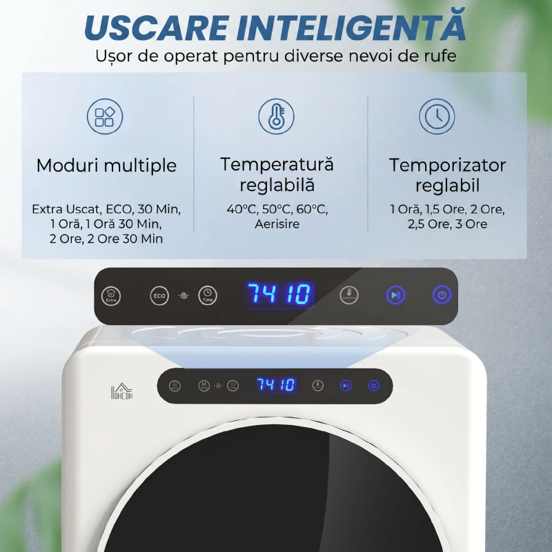 HOMCOM Mini Uscător Electric 1000W de 3 kg cu Afișaj LED, 49x43x61 cm, Alb
