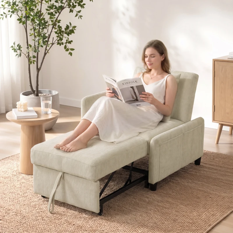 HOMCOM Poltrona Conversível 1 Lugar, Poltrona-Cama Clic-Clac 4 em 1 Estofada em Chenille, Encosto Regulável, Assento Largo, Bege