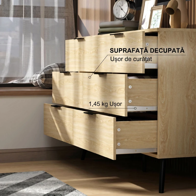 HOMCOM Comodă cu 6 sertare din lemn pentru dormitor și hol, 110x40x75cm, stejar