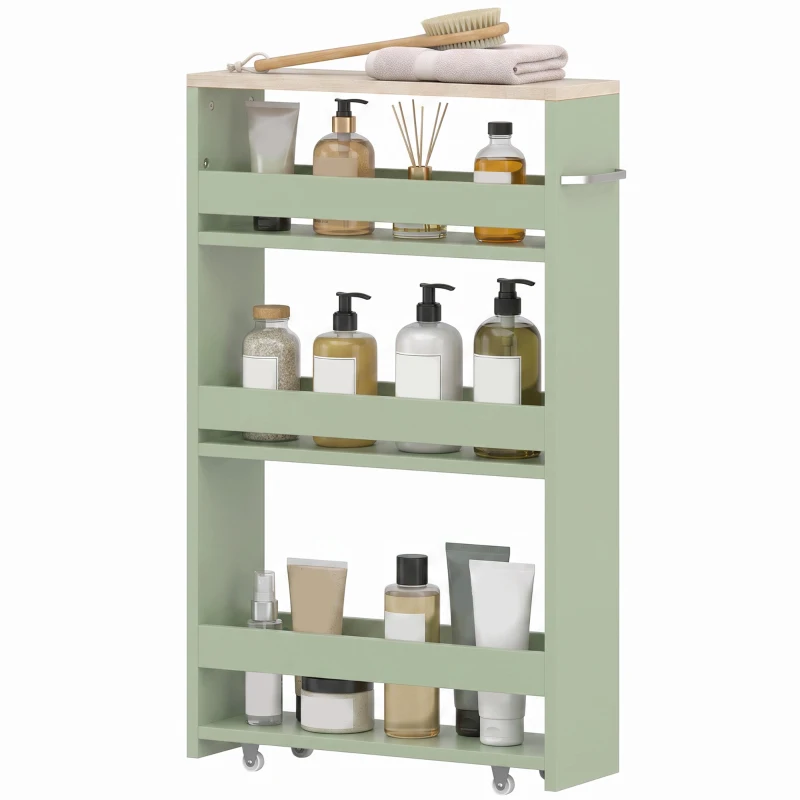 kleankin Cărucior de depozitare cu 3 niveluri cărucior de stocare etajeră pe roți cu mâner - 48 x 15 x 80 cm verde