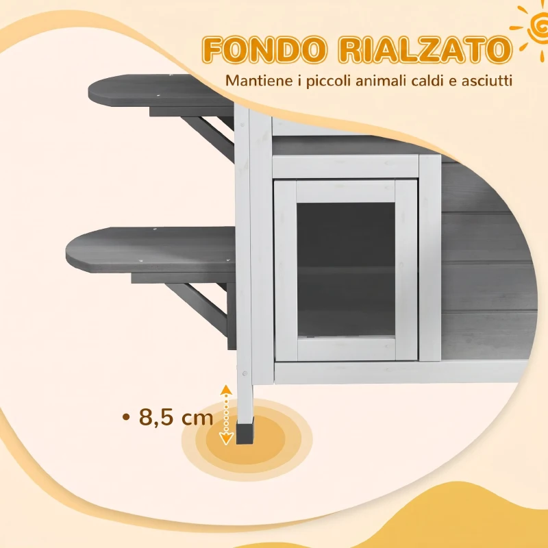 PawHut Casetta per Gatti da Esterno con Tetto Apribile, 2 Piani, 4 Ingressi, Base rialzata, in Legno di Abete, Grigio