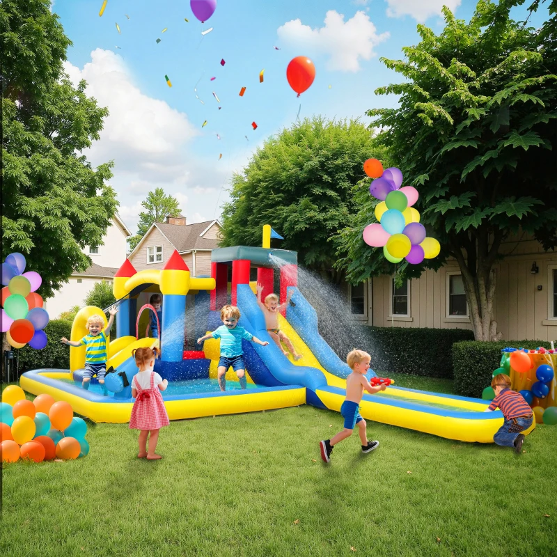 AIYAPLAY Château gonflable avec soufflerie parc aquatique toboggans, trampoline, mur d'escalade, canon, panier de basket