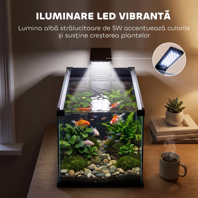 PawHut Acvariu, 24L din Sticlă Securizată cu Filtru, Lumină LED și Pompă de Apă