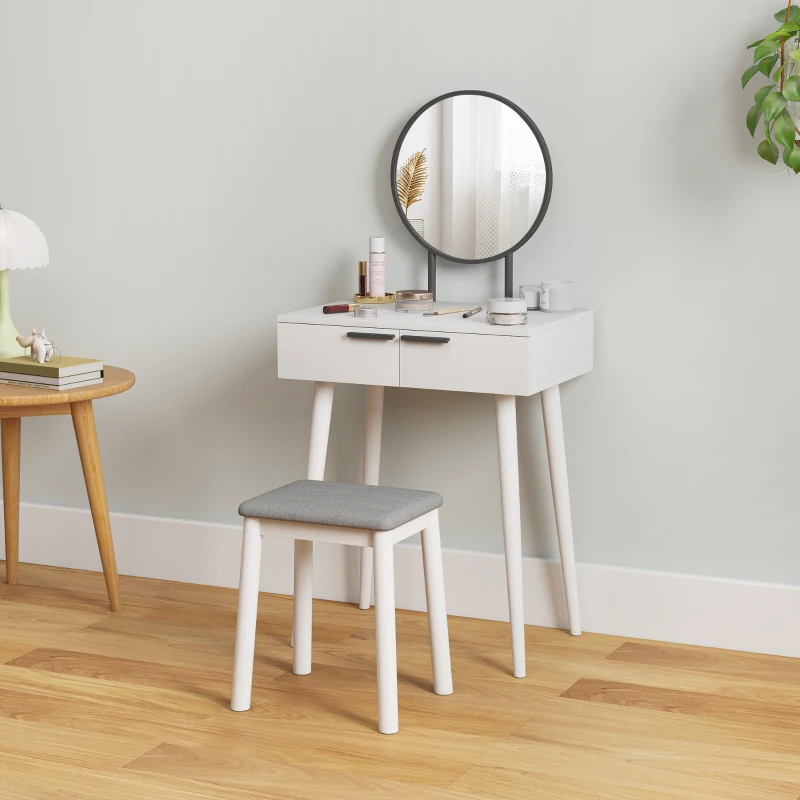 HOMCOM Modern Dressing Table with Round Mirror and Stool, Makeup Vanity Table with 2 Drawers for Bedroom, Living Room, 60 x 40 x 123 cm, White