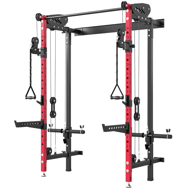 SPORTNOW Power Cage Pieghevole, Rack con Barra Trazioni e Sistema Puleggia Cavi, Rosso