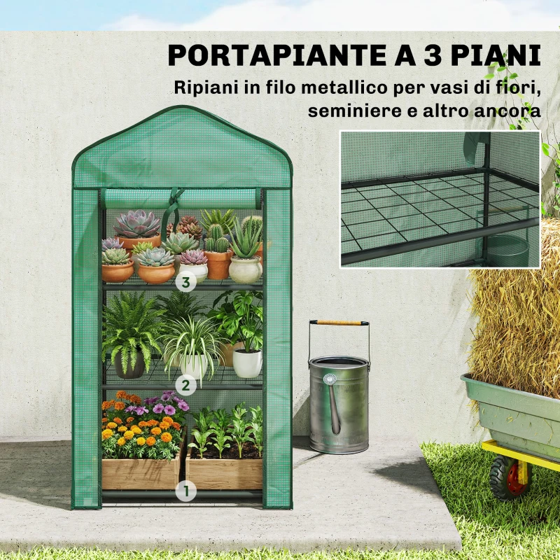 Outsunny Mini Serra da Giardino con Copertura in PE, 3 Ripiani e Porta Avvolgibile, 59x39x127cm, Verde