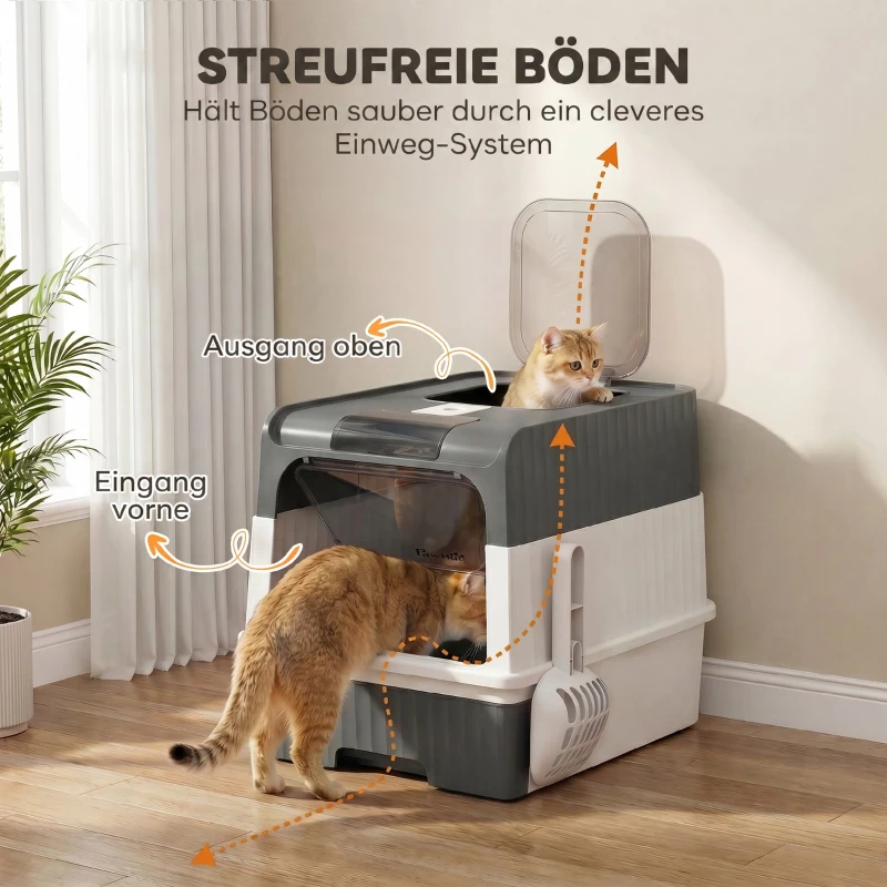 PawHut Katzentoilette, 48L Katzenklo mit Deckel, herausziehbarer Schublade, Vorder- & Ober Ausgang Schaufel für Katzen bis 4 kg