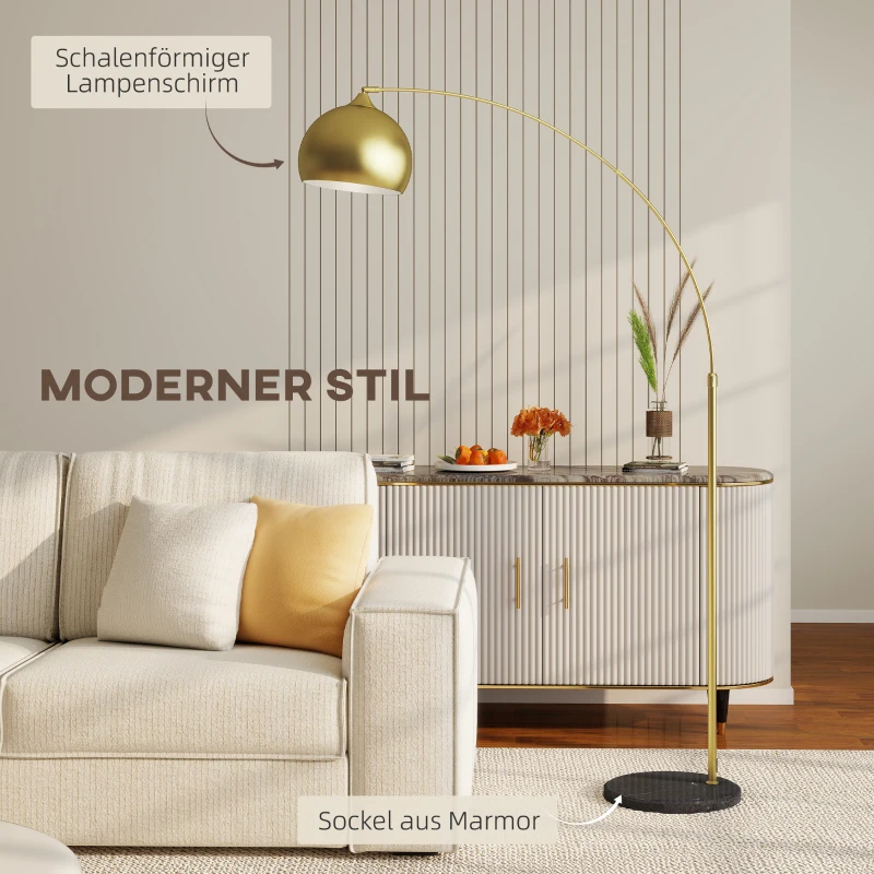 HOMCOM Bogenleuchte, Stehlampe, höhenverstellbar, Fußschalter, Sockel in Marmoroptik, 170-180cm, Gold/Schwarz