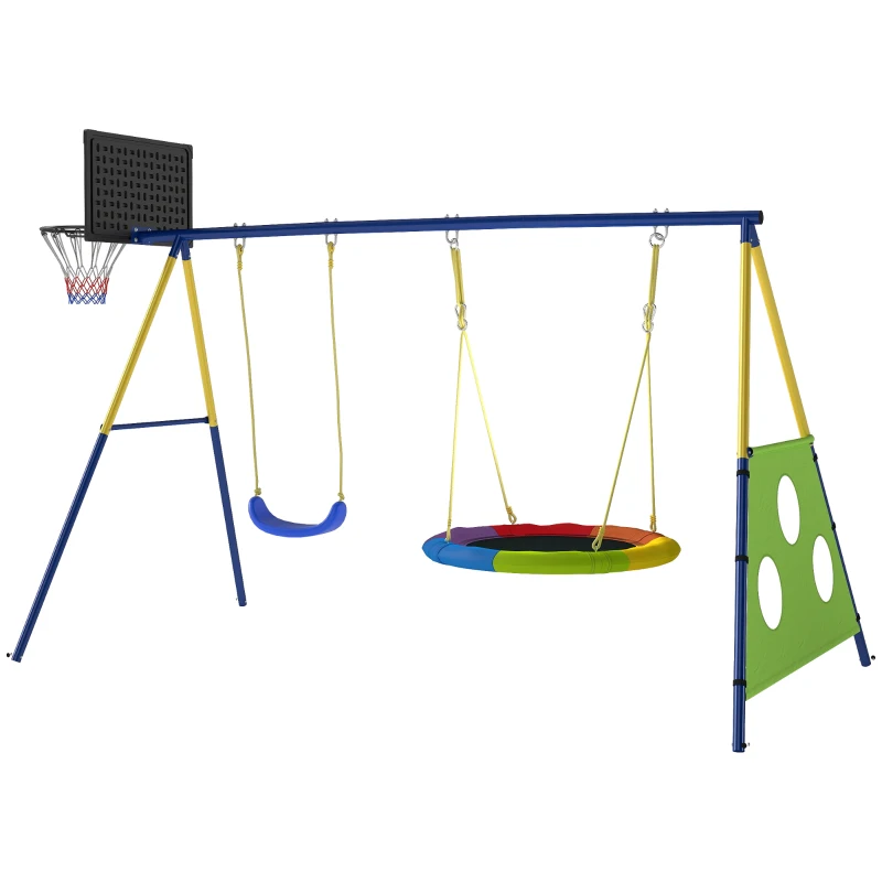 AIYAPLAY Schaukelgestell 4-in-1 Schaukel-Set bis 150 kg mit Nestschaukel Basketballkorb Fußballtor U-Schaukel 288 x 160 x 220 cm