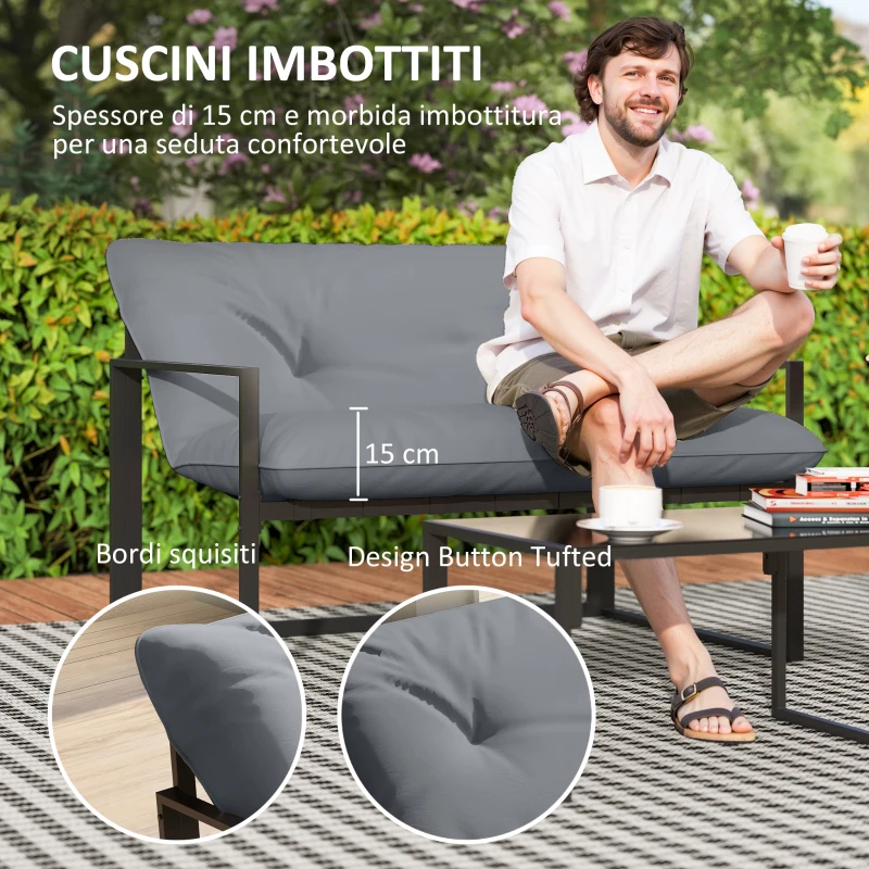 Outsunny Set da Giardino 4 Pezzi con Divanetto, 2 Poltrone e Tavolino, in Acciaio, Poliestere e Cotone PP, Nero e Grigio