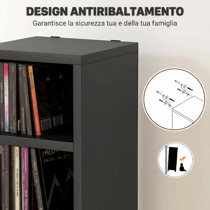 HOMCOM Mobile Libreria Porta CD a 12 Ripiani per 204 CD, in MDF e Truciolato, 21x20x175 cm, Nero