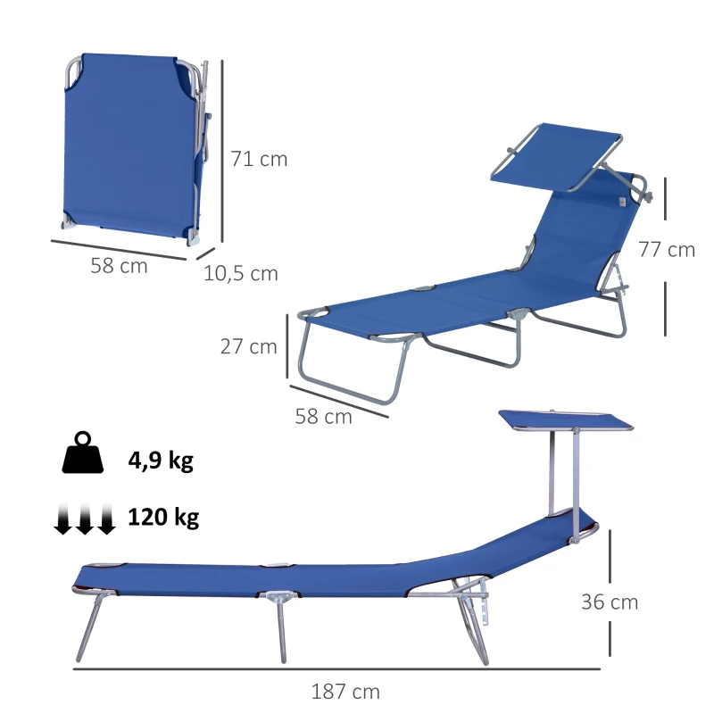 Outsunny Transat Bain de Soleil Pliable Chaise Longue Pliante Grand Confort Dossier Inclinable Multi-positions et Pare-Soleil réglable Dim. 187L x 58l x 36H cm Bleu
