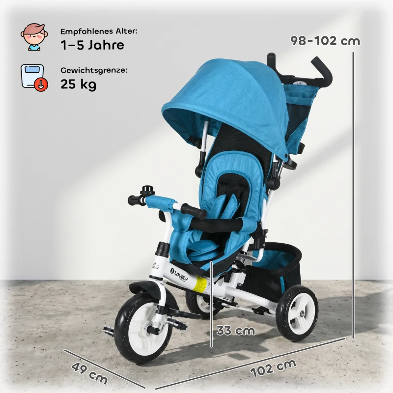 HOMCOM Kinder-Dreirad, Kinderfahrrad, Rückenkorb, Becherhalter, Sonnendach, Metall, Blau
