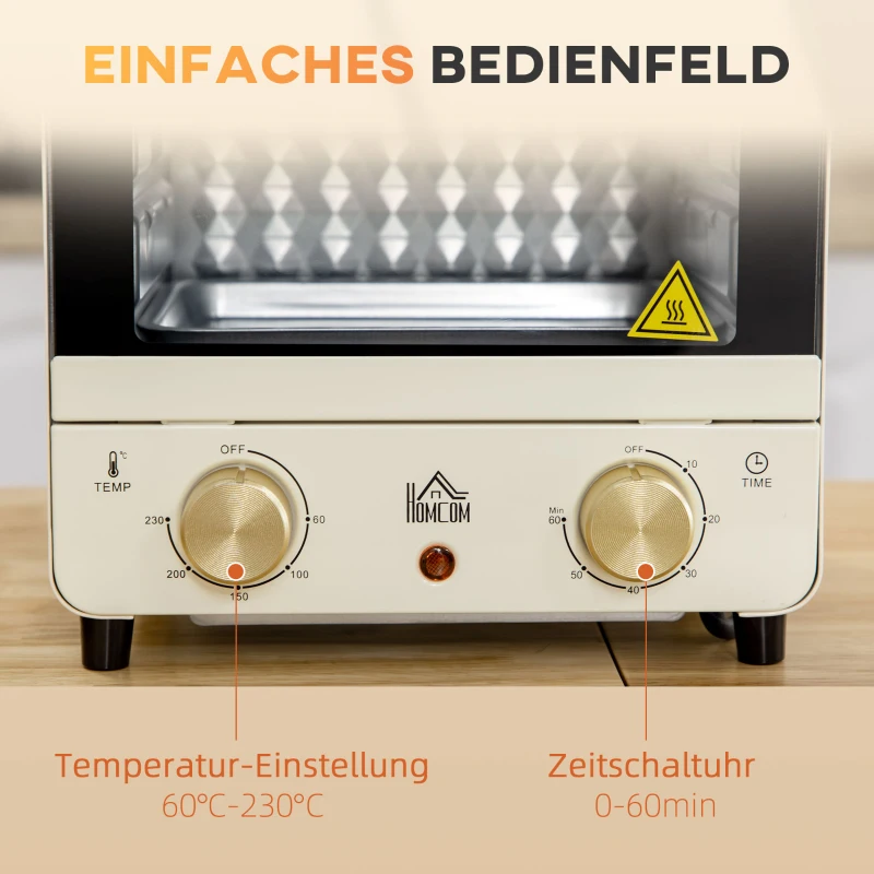 HOMCOM mini-oven 15L, pizzaoven, 1000 W elektrische mini-oven inclusief bakplaatset, kruimelbak, 1 uur Timer, 60-230 ℃, crèmewit