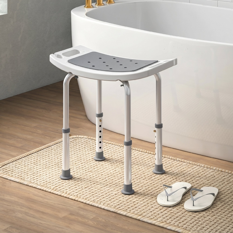 HOMCOM Scaun de Duș din Aluminiu și Plastic Antialunecare, Înălțime Reglabilă 6 Niveluri 39-52cm, Gri