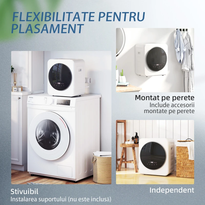 HOMCOM Mini Uscător de Rufe Portabil, 4 kg, Display LED, Compact 800W, ABS,  Tambur din Oțel Inoxidabil, Alb