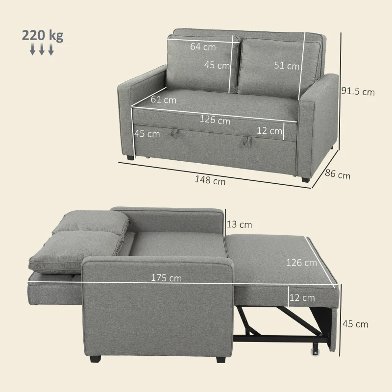 HOMCOM 3 în 1 Canapea Extensibilă 2 Locuri cu Spătar Reglabil pe 3 Poziții, 2 Perne, Material Textil Tip In Gri
