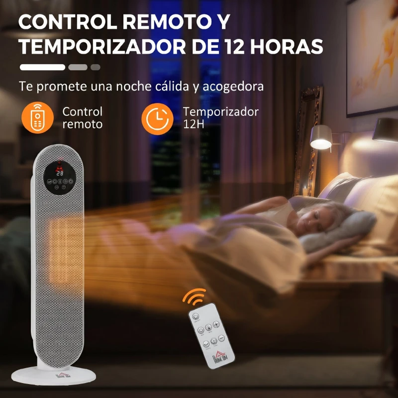 HOMCOM Calefactor Eléctrico Cerámico PTC 1300/2000W con Control Remoto 15–40 °C Oscilación de 45° Temporizador 12H Blanco