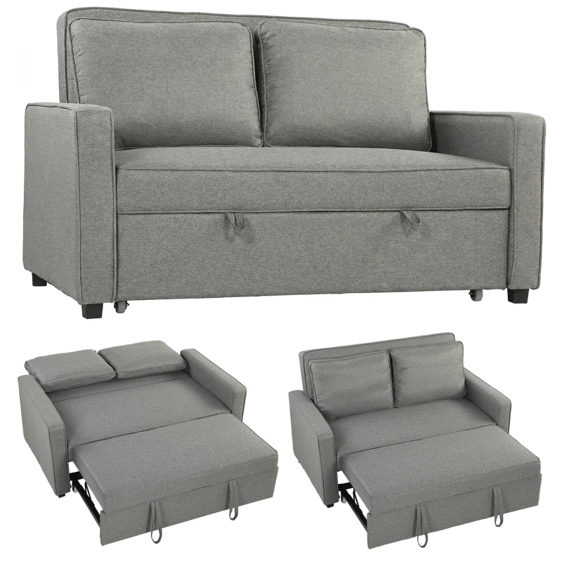HOMCOM 3 în 1 Canapea Extensibilă 2 Locuri cu Spătar Reglabil pe 3 Poziții, 2 Perne, Material Textil Tip In Gri