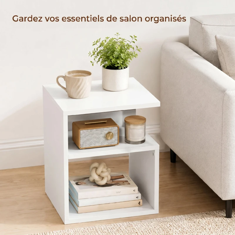 HOMCOM Table d'Appoint, Table Basse Moderne 3 Niveaux avec Étagères Ouvertes, pour Salon, Chambre ou Bureau, Blanc