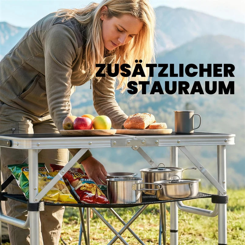 Outsunny Campingtisch Klapptisch mit Netzfach, 4 Höhenverstellungen, Tragegriff Aluminium 60 x 40 x 26-60 cm Schwarz