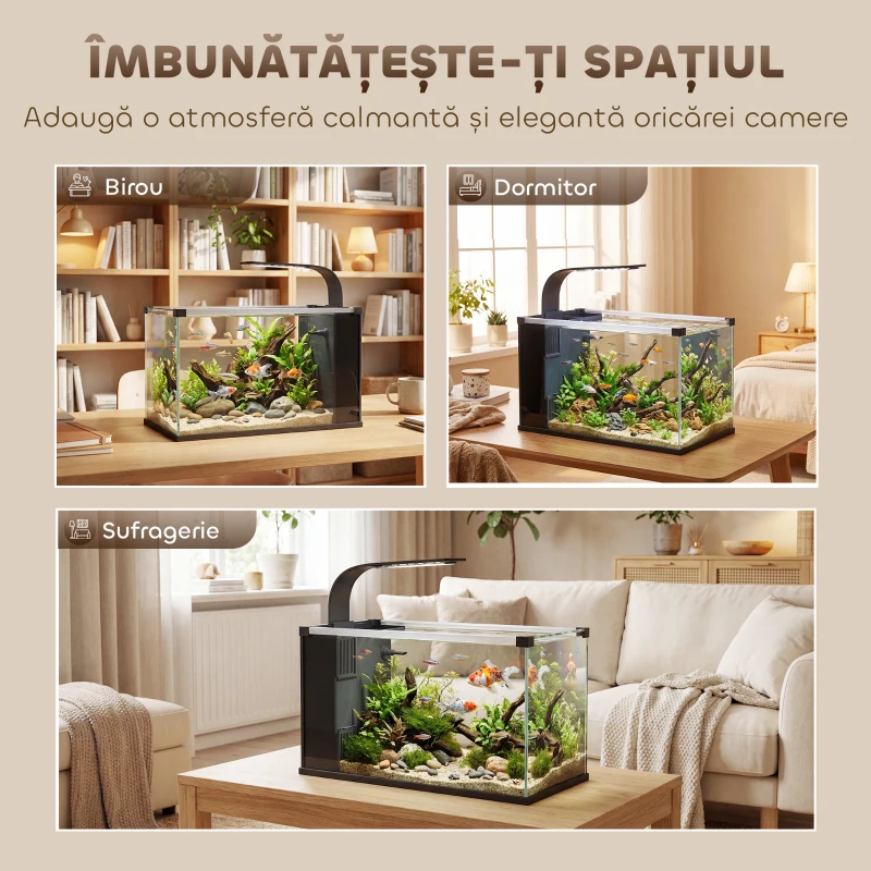 PawHut Acvariu, 24L din Sticlă Securizată cu Filtru, Lumină LED și Pompă de Apă