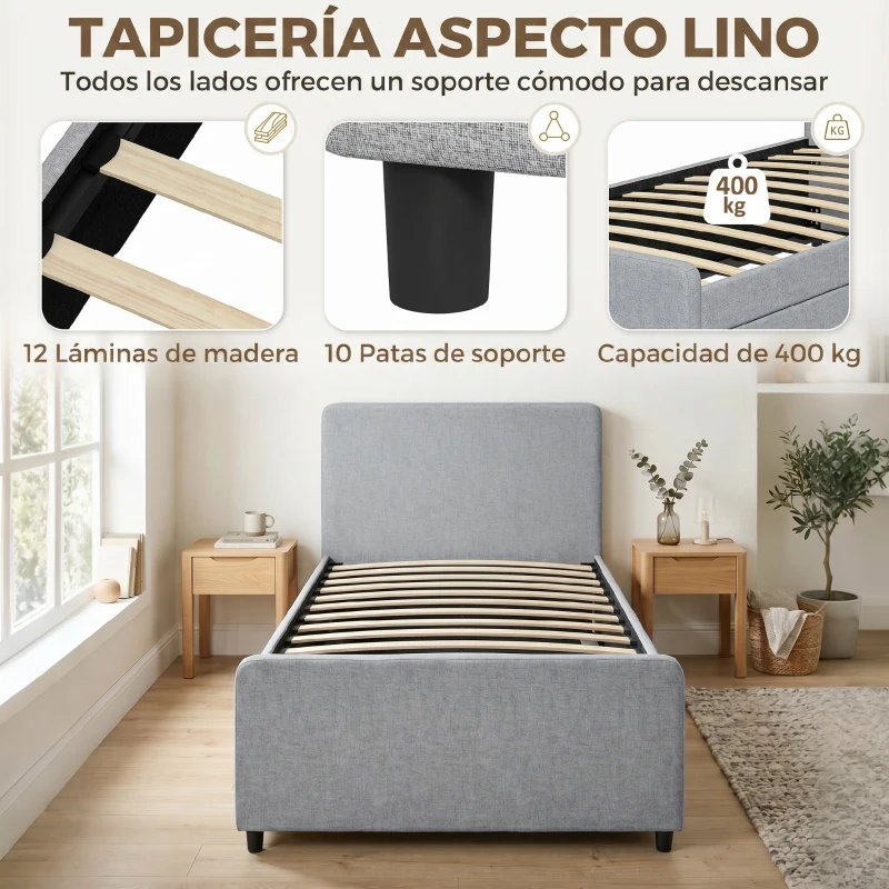 HOMCOM Cama Nido Individual 90x190 cm Estructura de Cama Tapizada en Lino con Cabecero y Piecero Listones de Madera Gris Claro