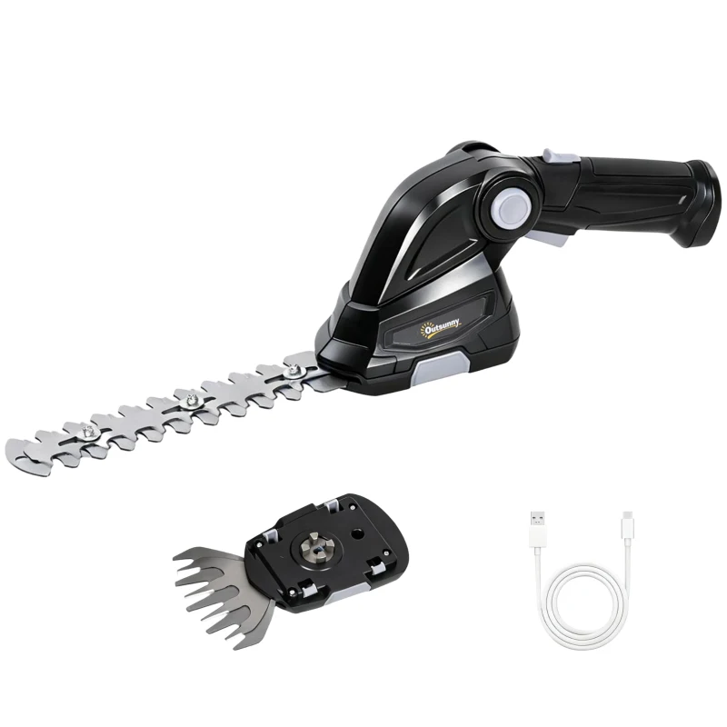 Outsunny 2-in-1 Elektrischer Hecken & Strauchschere mit 2 x 7,2V Wiederaufladbaren 2,0 Ah Akku, 2 Austauschbaren Klingen Schwarz