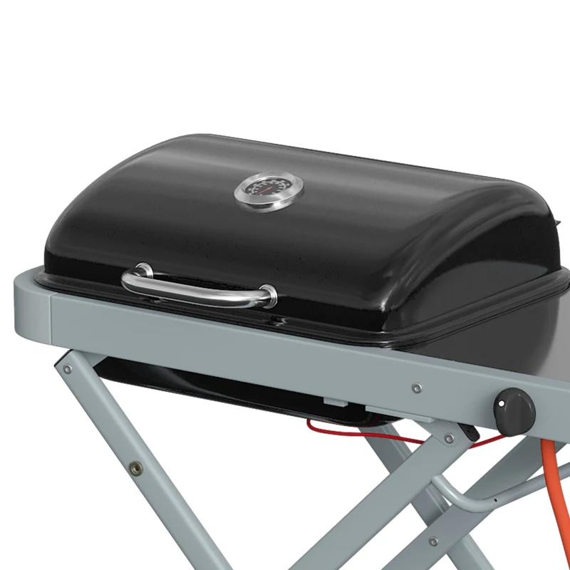 Outsunny Foldable Gas BBQ Grill with Side Table, Portable Gas Barbecue Grill with Thermometer, Grease Box, Wheels, 2.5 kW, Black