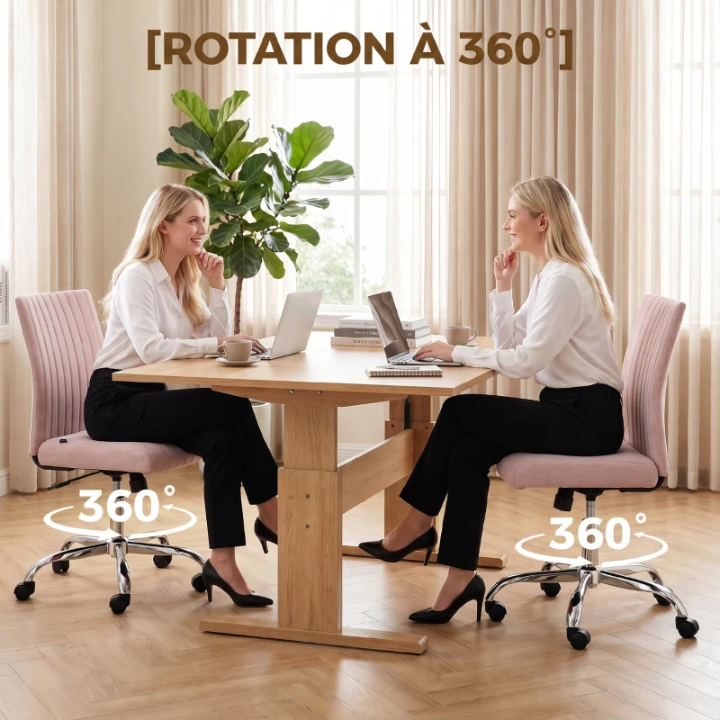 HOMCOM Chaise de bureau sans accoudoirs, fauteuil de bureau, hauteur réglable et pivotant 360°, 43 x 56 x 89-99 cm, rose