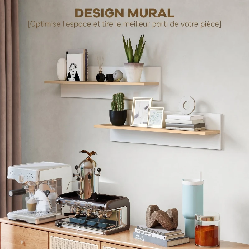 HOMCOM Lot de 2 étagères murales de 80 cm, étagères flottantes pour salon, entrée, chambre et cuisine, blanc et bois naturel