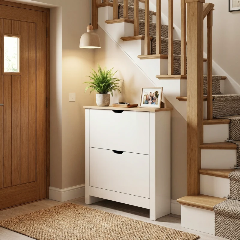 HOMCOM Slim Shoe Cabinet, Narrow Shoe Cupboard with 2 Flip Drawers, Adjustable Shelves for 12 Pairs of Shoes, High Gloss White