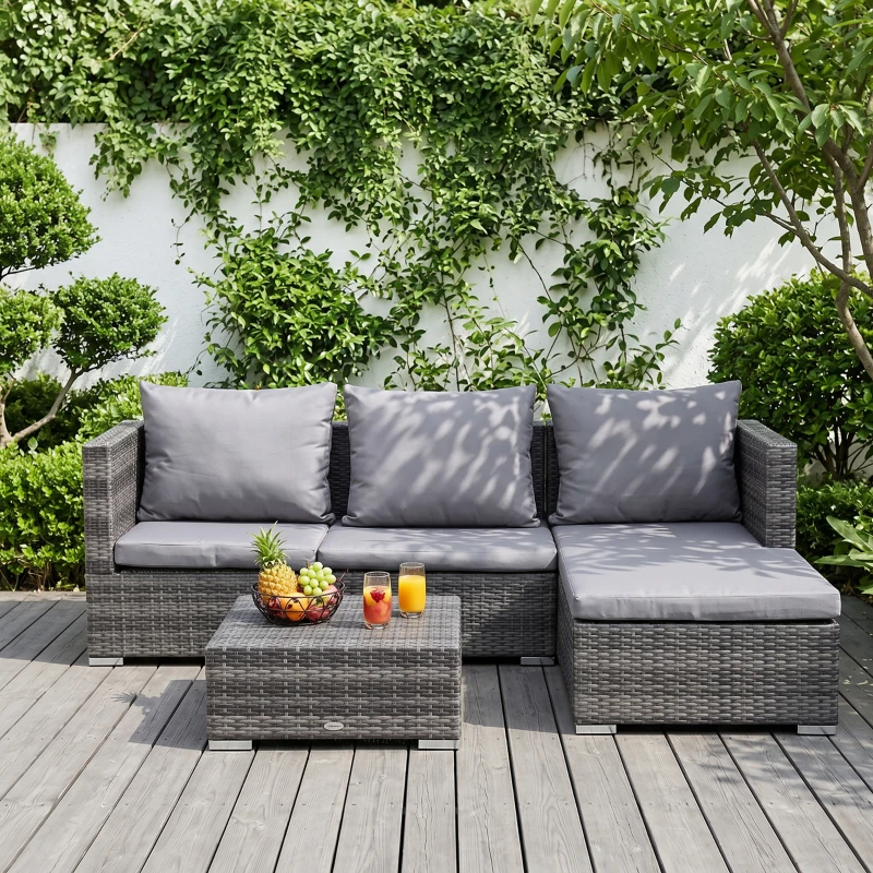Outsunny 3PC Rattan Garden Furniture Storage Sofa Set, 4 Seater Wicker Coffee Table Conservatory Sun Lounger Reclining Set with Cushion, Grey
