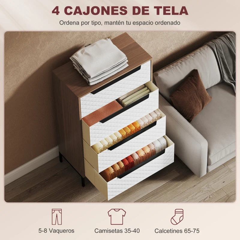 HOMCOM Cómoda con 4 Cajones de Tela Frentes con Patrón de Diamante para Salón Oficina Vestidor Natural y Blanco