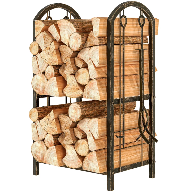 Outsunny Estante de Leña de Metal de 2 Niveles con 4 Herramientas para Chimenea y Ganchos 43x30x74 cm Marrón Oscuro