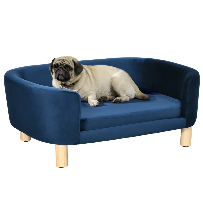 PawHut Hundesofa Hundebett aus holländischem Samt Hundecouch mit Rückenlehne, Holzbeine, Kissen Blau