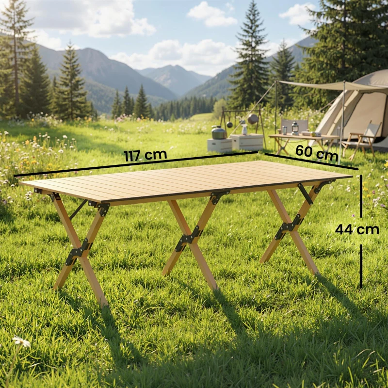 Outsunny Campingtisch 117 x 60 cm Aluminium Klapptisch mit Aufrollbare Tischplatte Holz-Optik Tragetasche wasserdicht