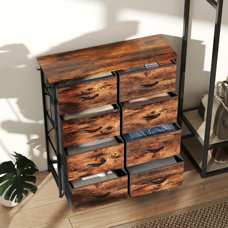 HOMCOM Cómoda 8 cajones de tela, mueble de almacenamiento, 4 bolsillos, 2 ganchos, estructura de acero, 86x30x94,5cm, marrón rústico