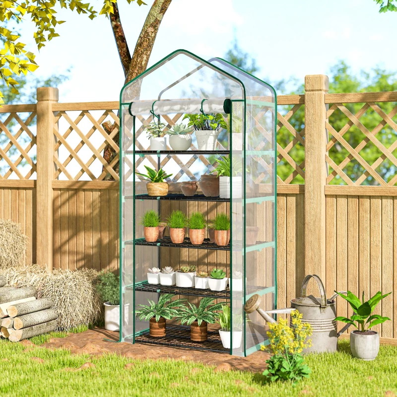 Outsunny Serra a Casetta a 5 Livelli con Ingresso Avvolgibile, in Acciaio e Polietilene, 90x49x193 cm, Trasparente