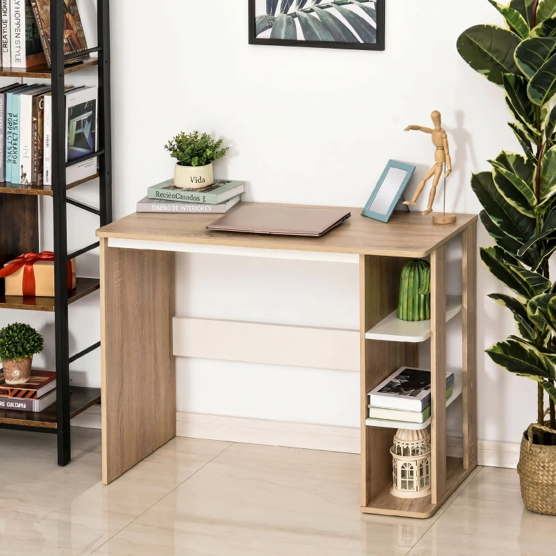 HOMCOM Birou Modern din Lemn cu Raft cu 3 Etaje, 100x44x74cm, Alb și Stejar