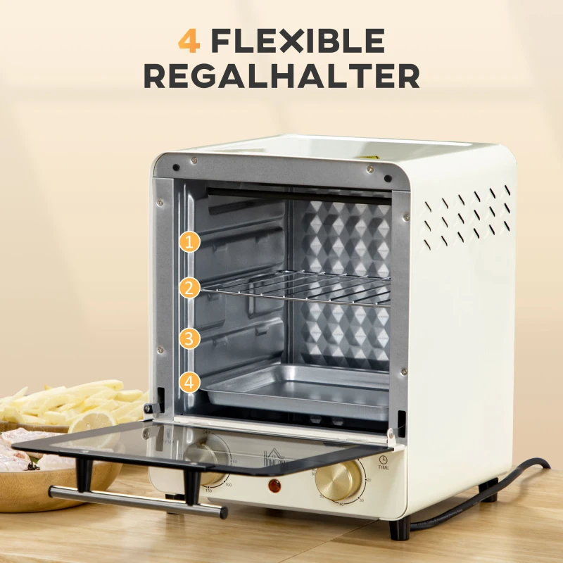HOMCOM mini-oven 15L, pizzaoven, 1000 W elektrische mini-oven inclusief bakplaatset, kruimelbak, 1 uur Timer, 60-230 ℃, crèmewit