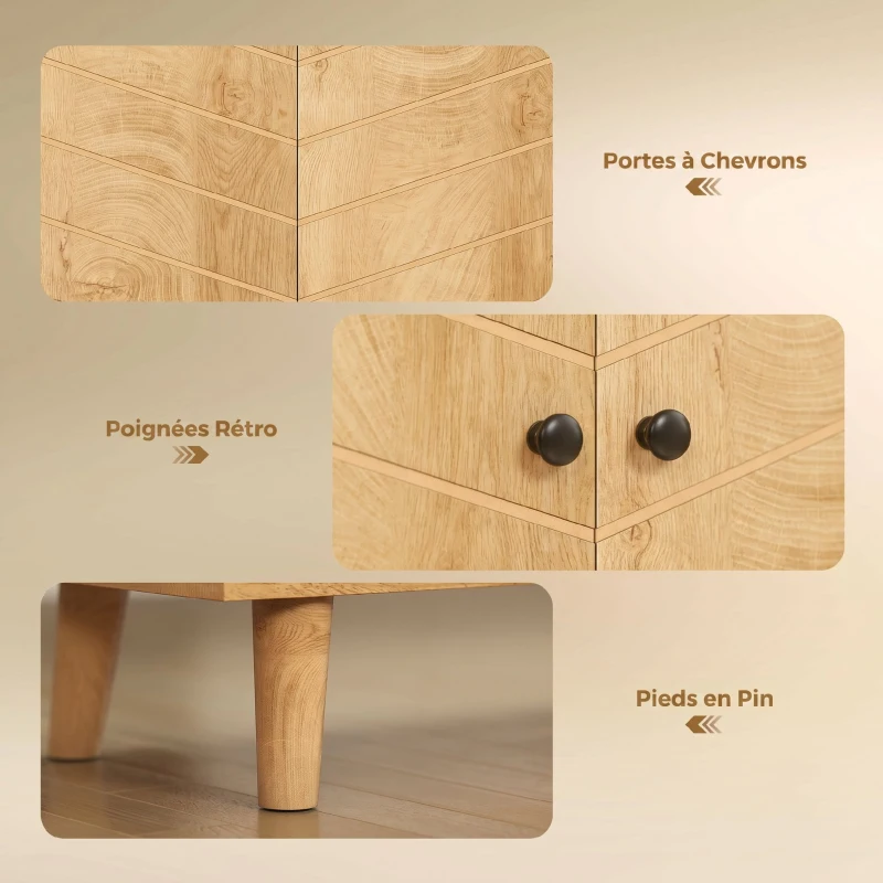 HOMCOM Buffet Cuisine, Meuble de Rangement avec 3 Portes à Motif Chevron et Pieds en Bois de Pin, 88,3x30x76cm, Bois Naturel