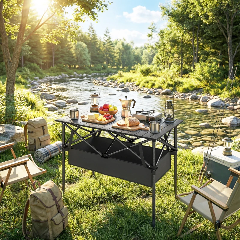 Outsunny Klappbarer Rollbarer Picknicktisch Tragbarer Campingtisch mit Netzablage und Tragetasche für den Außenbereich, Schwarz