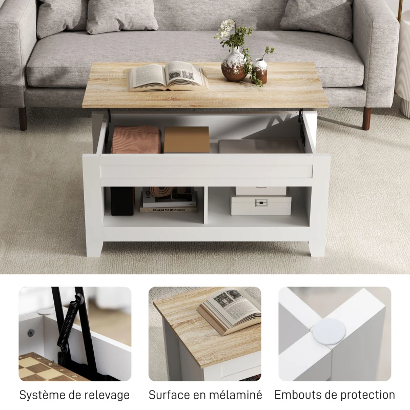 HOMCOM Table basse plateau relevable, table de salon avec étagères et compartiment caché,105 x 50 x 49-62,5 cm blanc